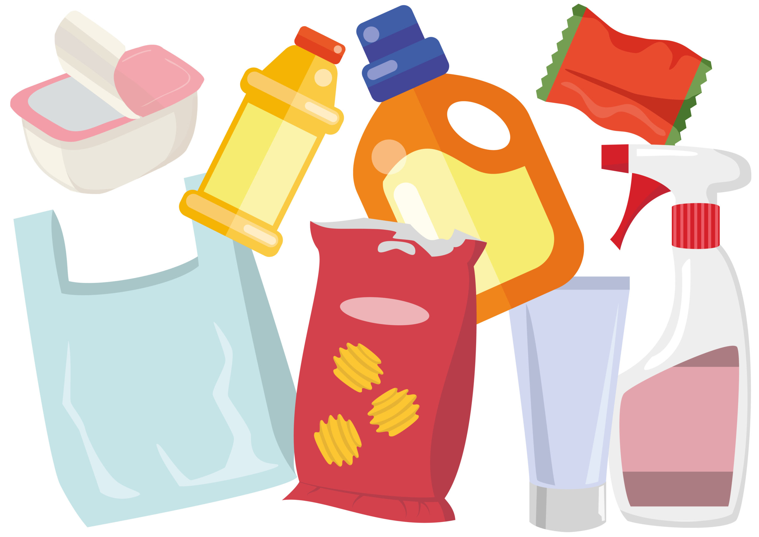 Muovipakkauksia: sipsipussi, muovikassi, kanisteri, muovipullo