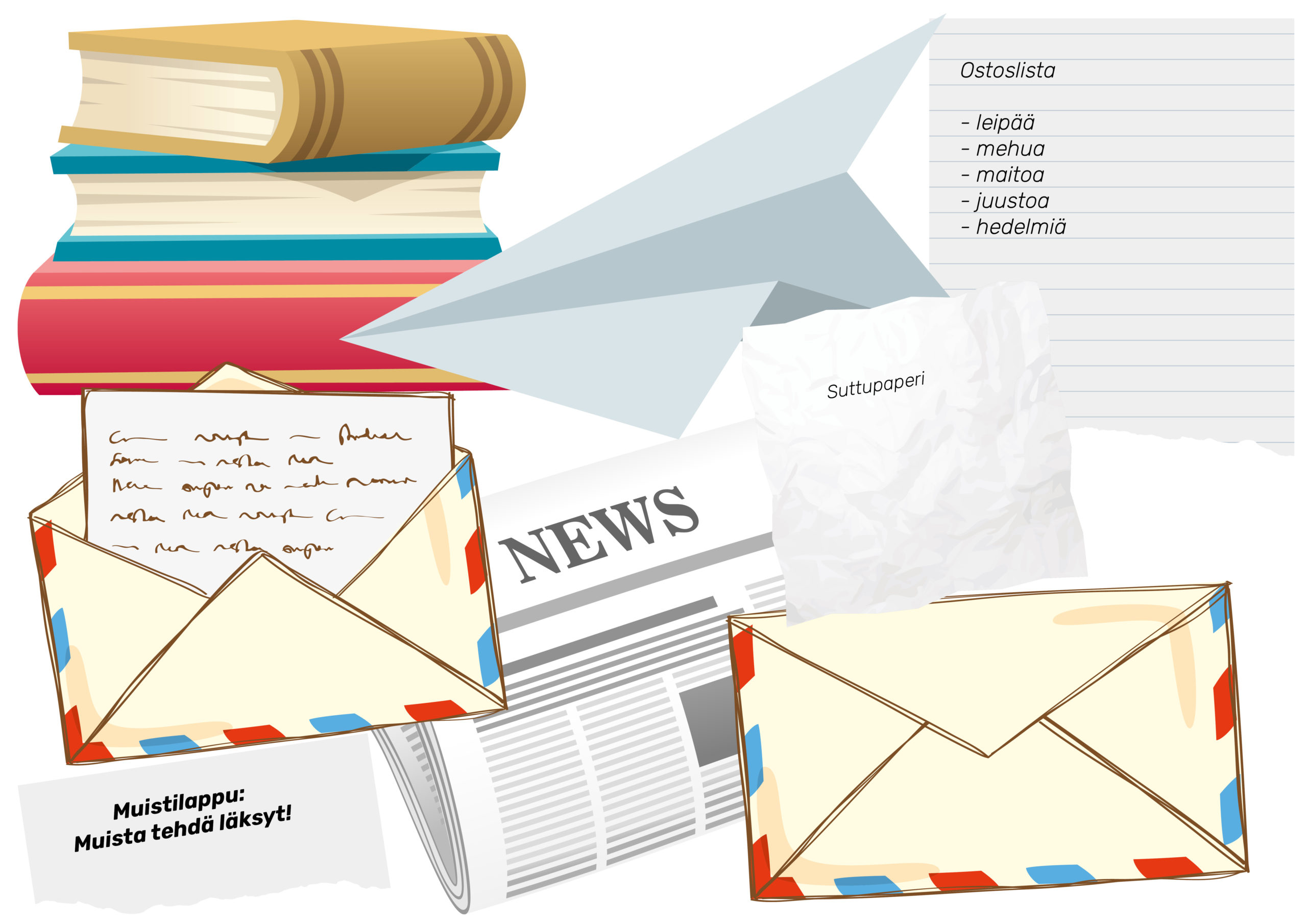 Paperijätettä: kirjekuori, sanomalehti, kirjan sivut, muistilappu